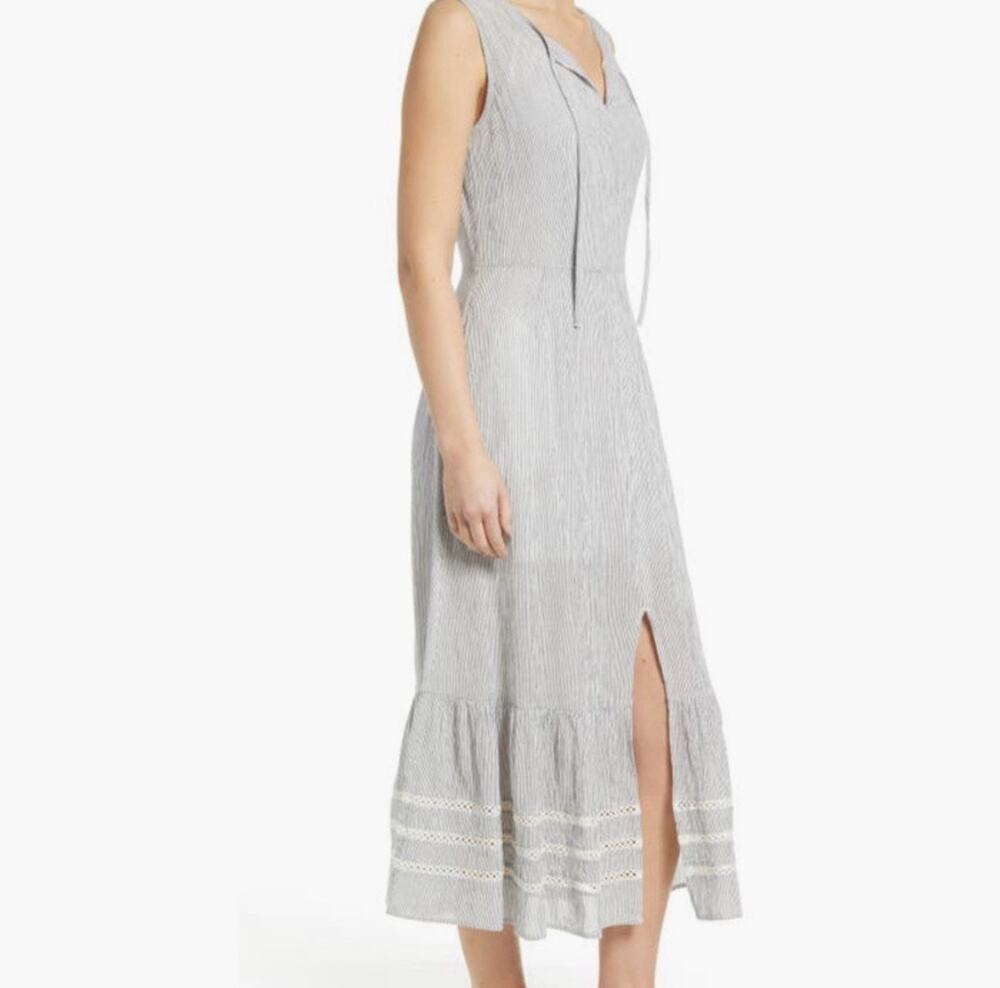 Caslon Striped Cotton Midi Dress Gray White Sleeveless Ruffle Summer M coastal